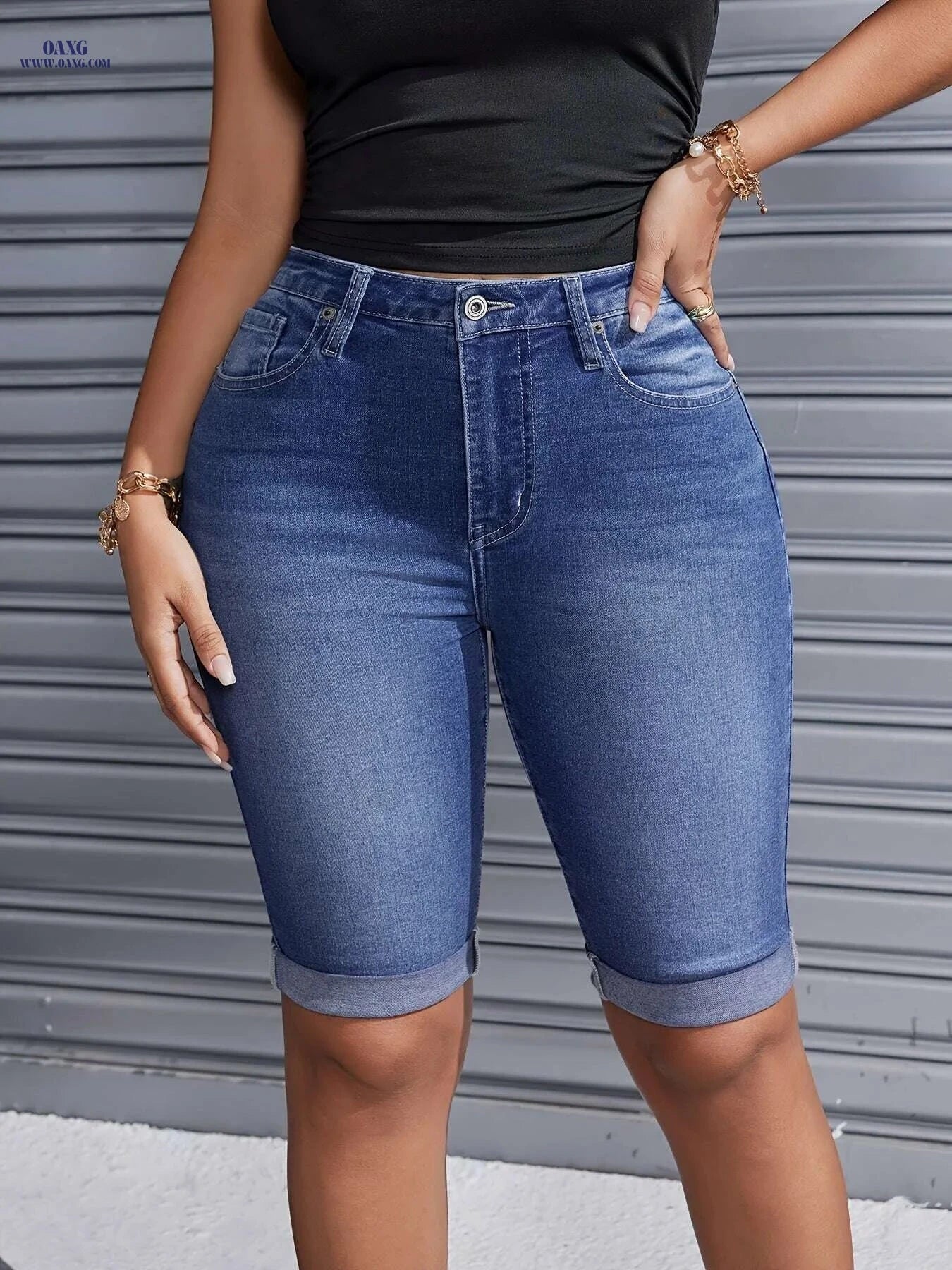YOTUOKA Women's Mid-Waist Stretch Denim Shorts - Trendy Bermuda Fit   OAXG 