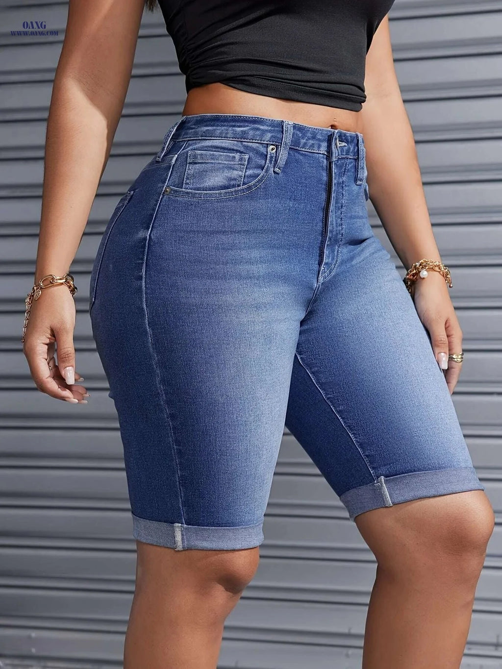 YOTUOKA Women's Mid-Waist Stretch Denim Shorts - Trendy Bermuda Fit   OAXG 