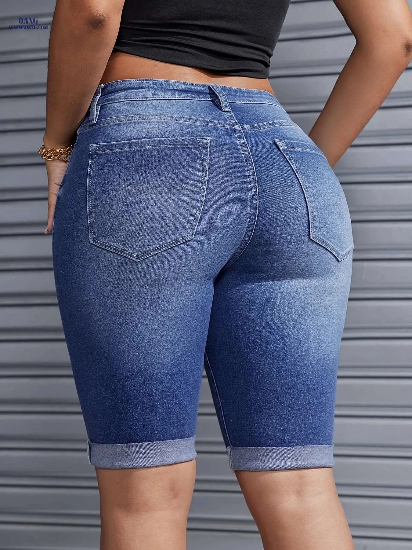 YOTUOKA Women's Mid-Waist Stretch Denim Shorts - Trendy Bermuda Fit   OAXG 
