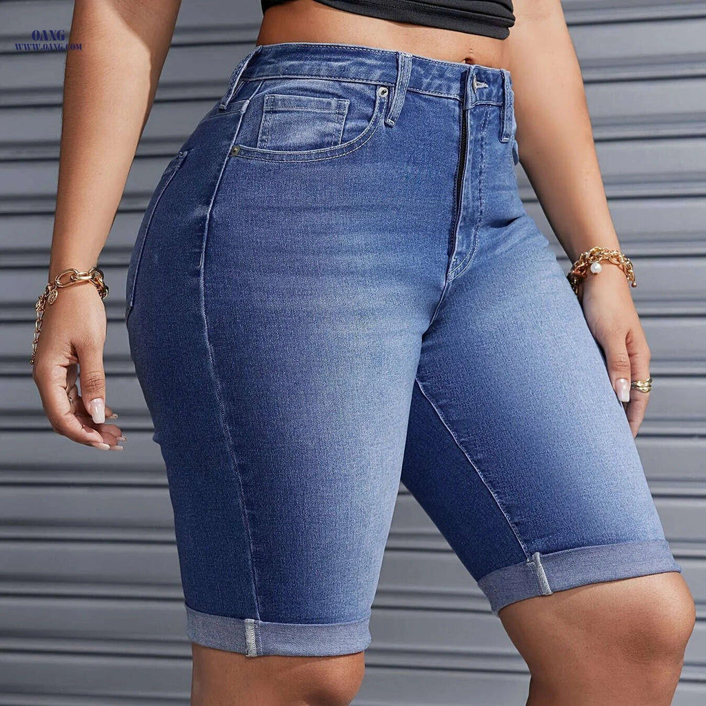 YOTUOKA Women's Mid-Waist Stretch Denim Shorts - Trendy Bermuda Fit   OAXG 
