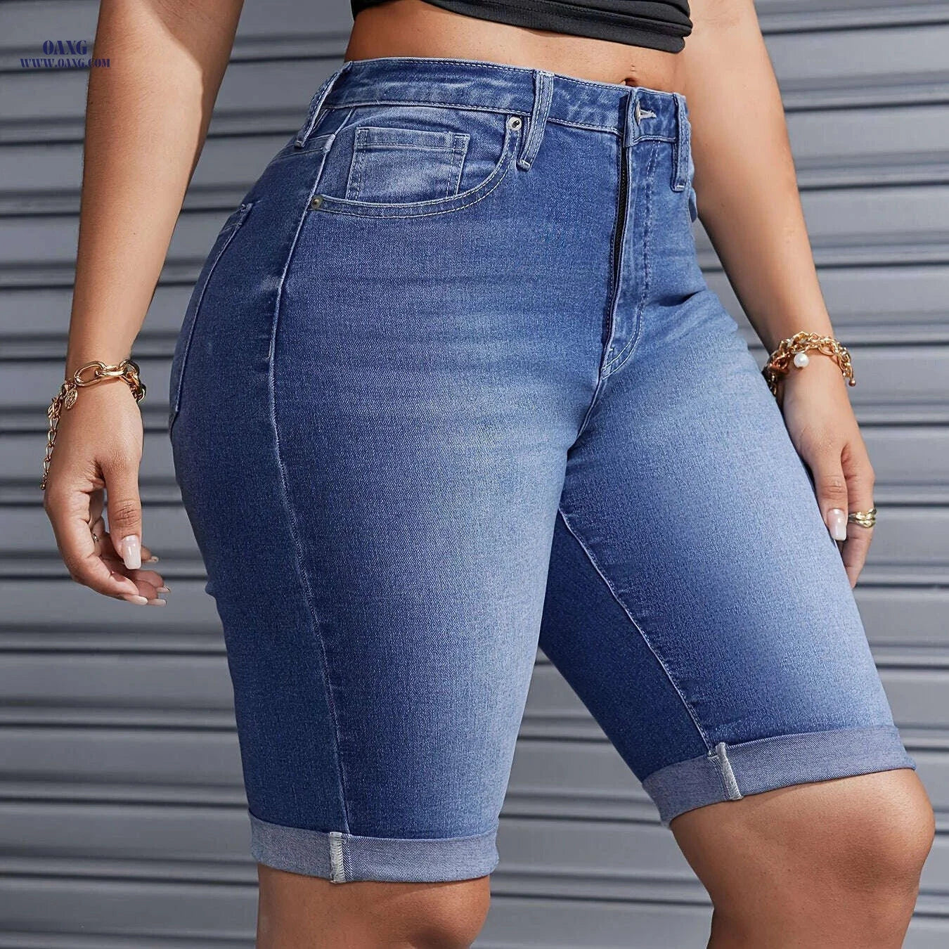 YOTUOKA Women's Mid-Waist Stretch Denim Shorts - Trendy Bermuda Fit   OAXG 