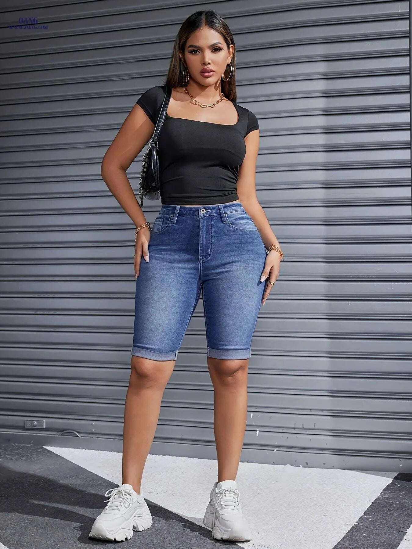 YOTUOKA Women's Mid-Waist Stretch Denim Shorts - Trendy Bermuda Fit   OAXG 