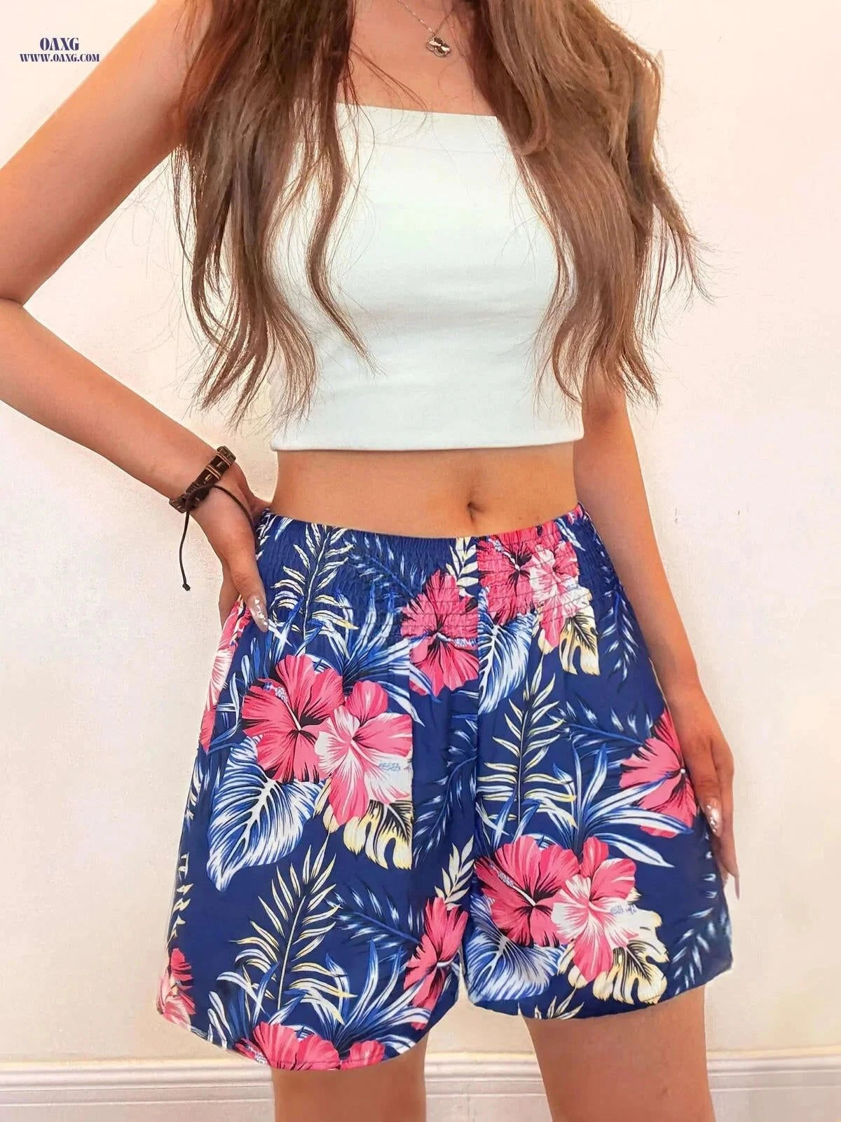 YY0208087 Summer Floral Print Shorts - Loose-Fitting & Comfortable   OAXG Big Red Flower / S