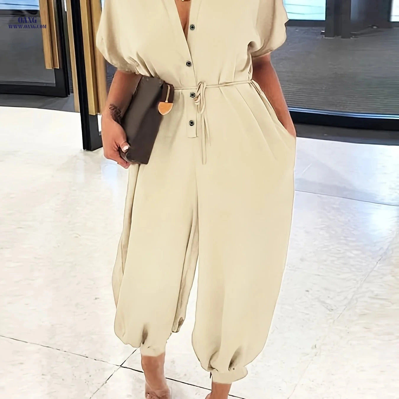 YY0307042 Lace-Up Collar Jumpsuit - Loose Fit for Spring/Summer   OAXG Khaki / S
