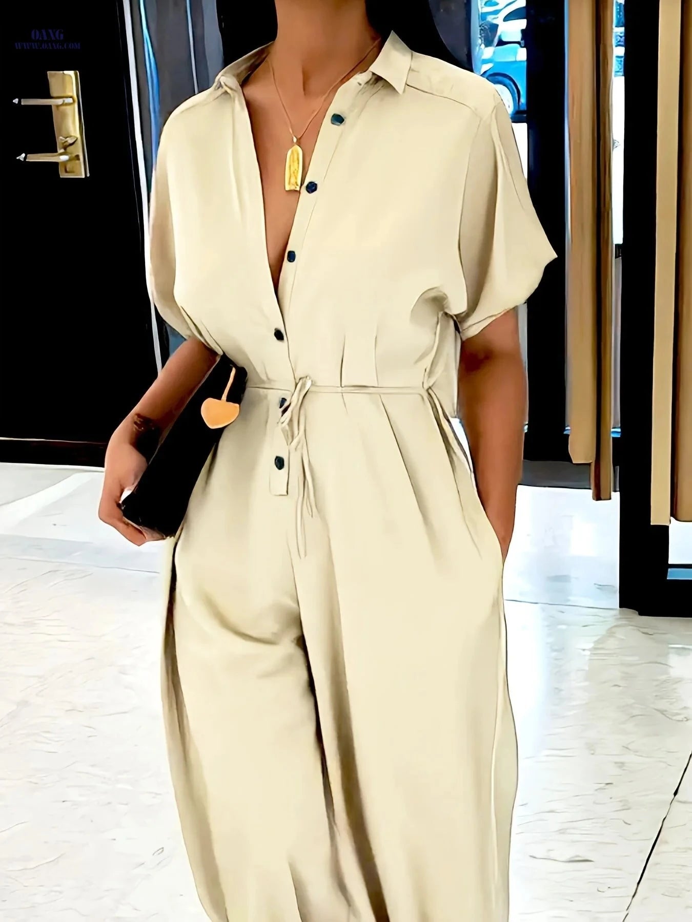 YY0307042 Lace-Up Collar Jumpsuit - Loose Fit for Spring/Summer   OAXG Khaki / S