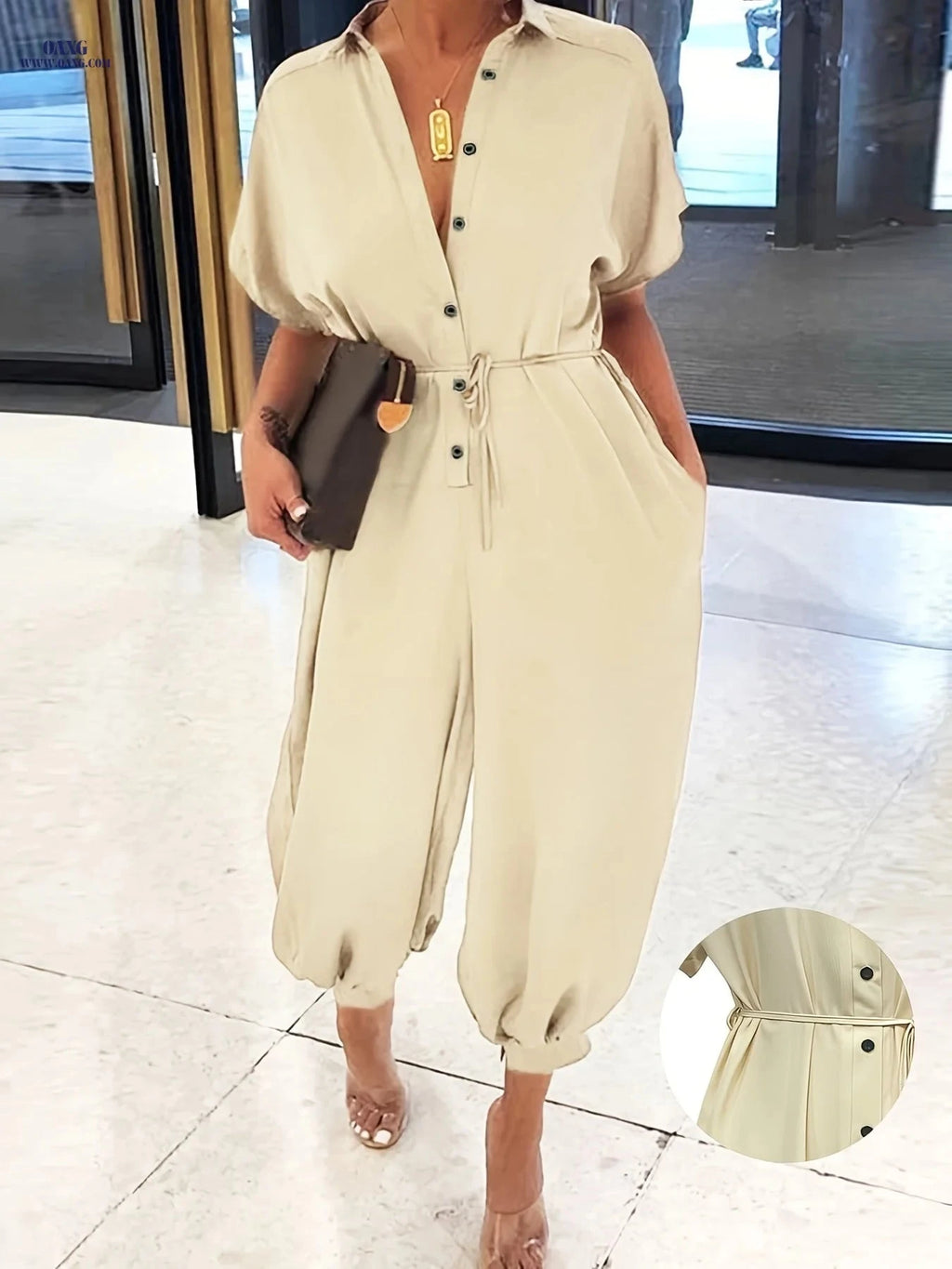 YY0307042 Lace-Up Collar Jumpsuit - Loose Fit for Spring/Summer   OAXG Khaki / S