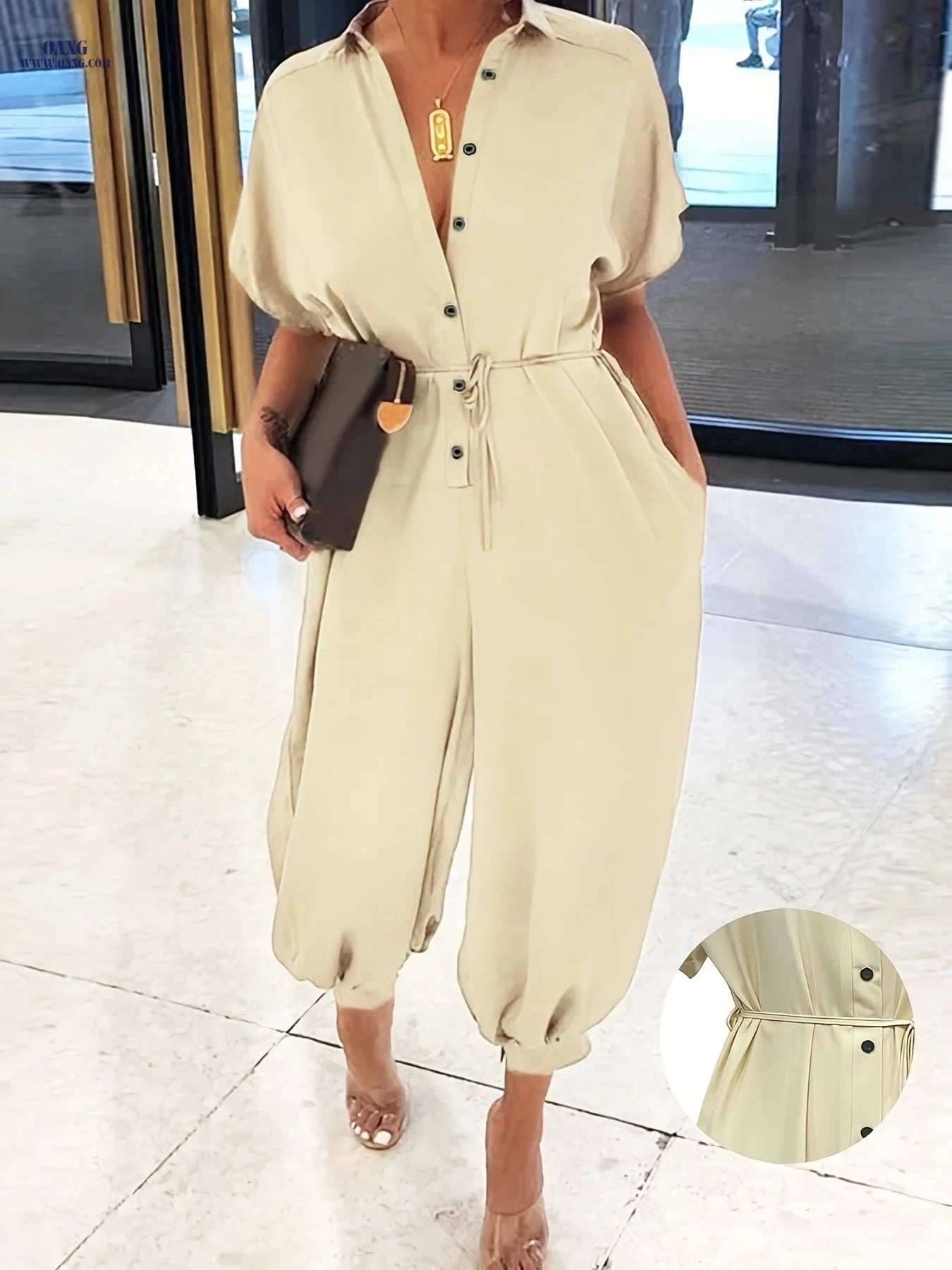 YY0307042 Lace-Up Collar Jumpsuit - Loose Fit for Spring/Summer   OAXG Khaki / S