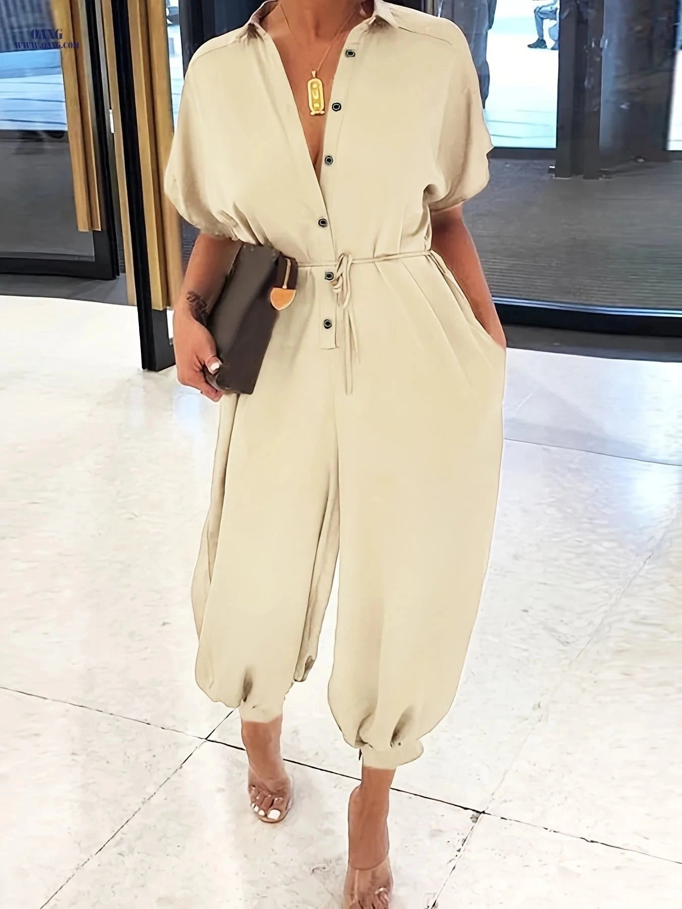 YY0307042 Lace-Up Collar Jumpsuit - Loose Fit for Spring/Summer   OAXG 