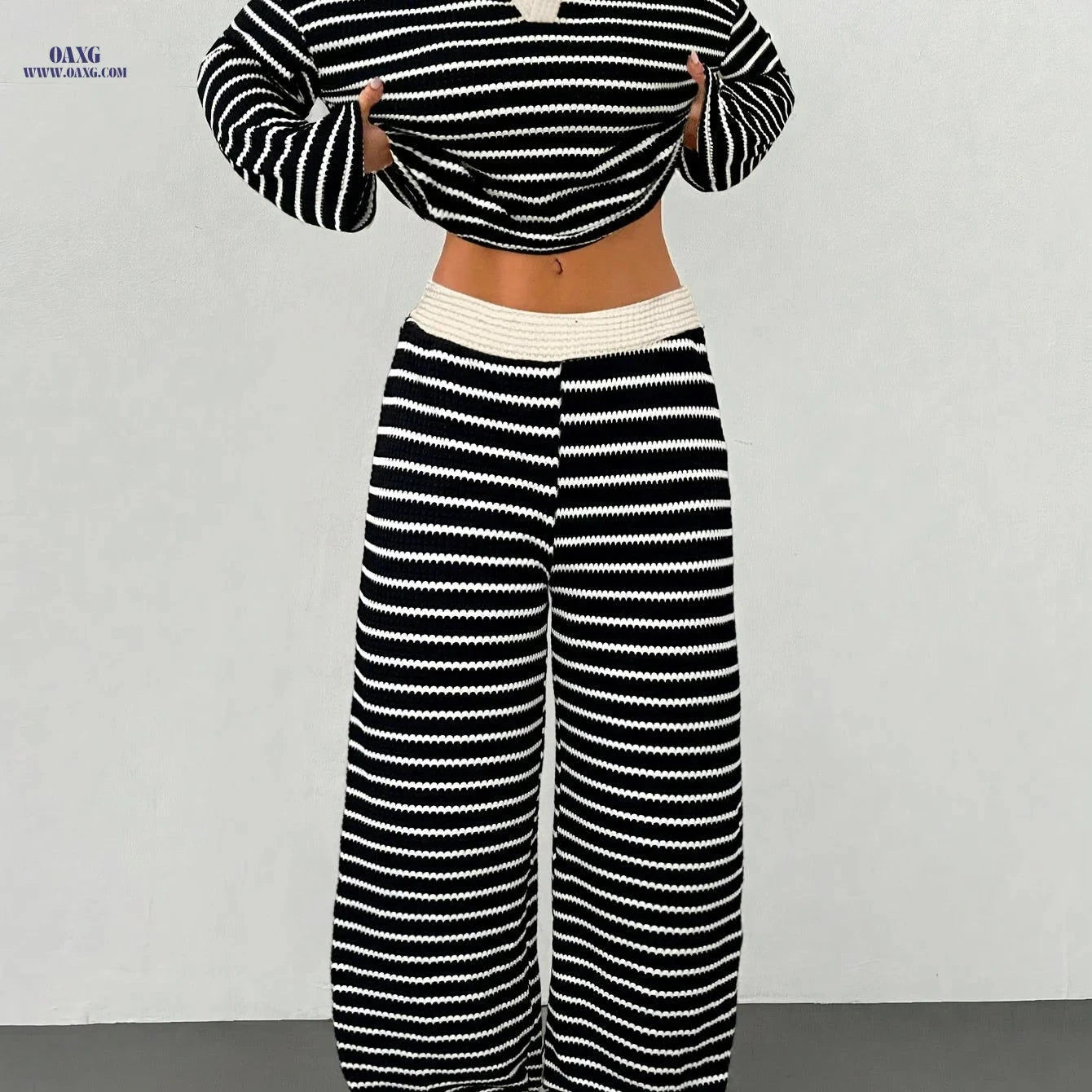 YY0909001 Women's 2pcs Set - Striped V-Neck Tee & Elastic Pants   OAXG 