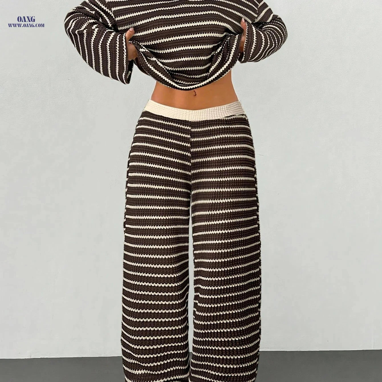 YY0909001 Women's 2pcs Set - Striped V-Neck Tee & Elastic Pants   OAXG 
