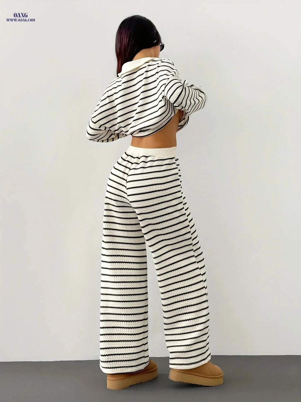 YY0909001 Women's 2pcs Set - Striped V-Neck Tee & Elastic Pants   OAXG 