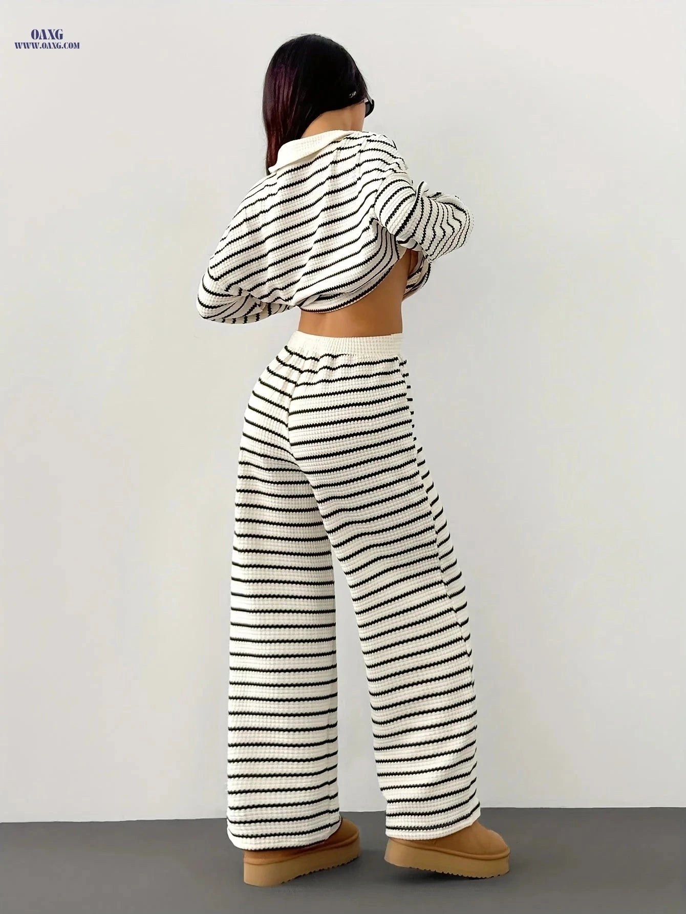 YY0909001 Women's 2pcs Set - Striped V-Neck Tee & Elastic Pants   OAXG 