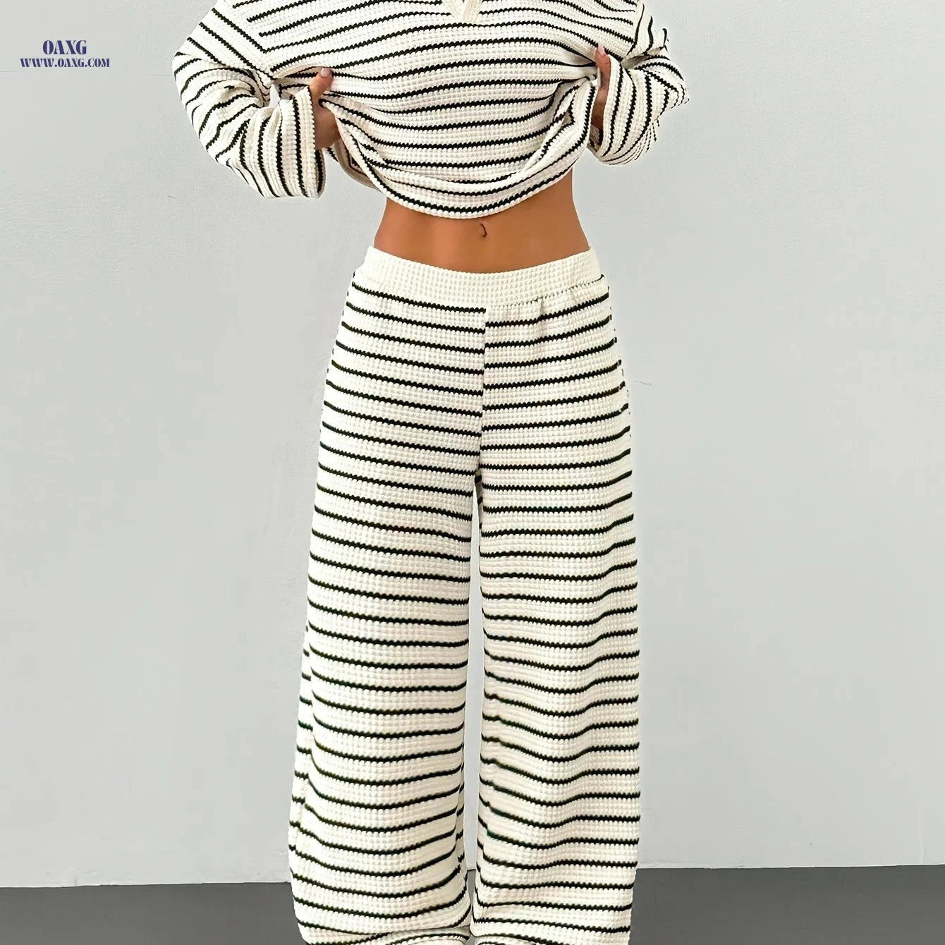 YY0909001 Women's 2pcs Set - Striped V-Neck Tee & Elastic Pants   OAXG 