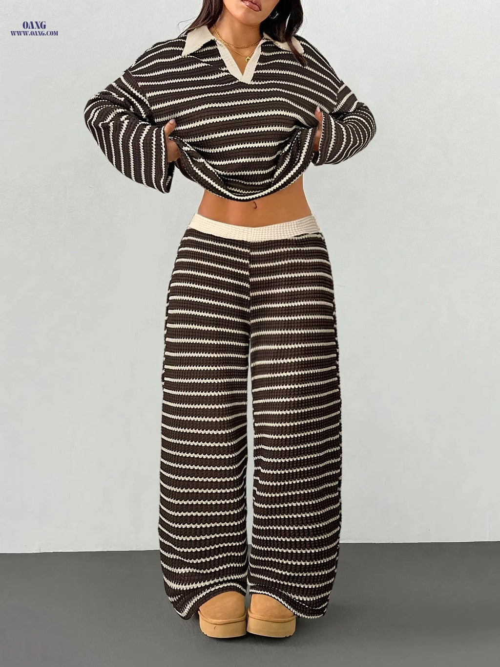 YY0909001 Women's 2pcs Set - Striped V-Neck Tee & Elastic Pants   OAXG 
