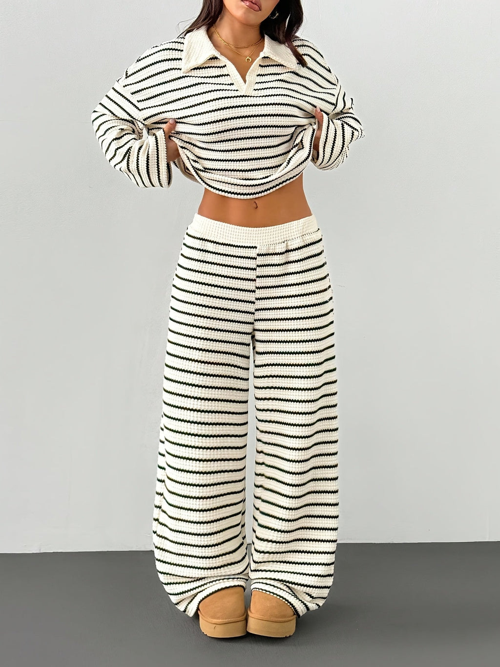 YY0909001 Women's 2pcs Set - Striped V-Neck Tee & Elastic Pants   OAXG Black + Apricot / XS