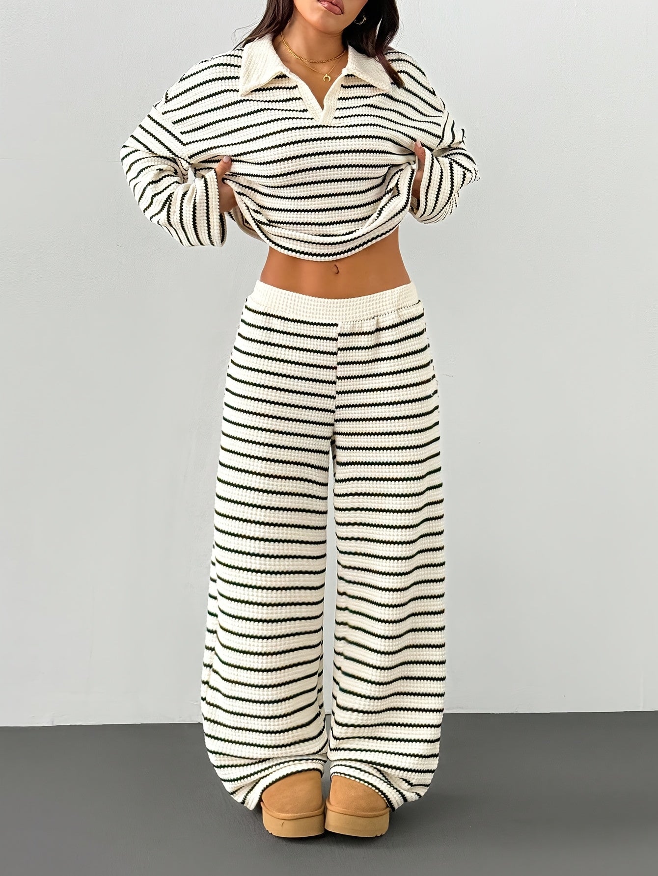 YY0909001 Women's 2pcs Set - Striped V-Neck Tee & Elastic Pants   OAXG Black + Apricot / XS