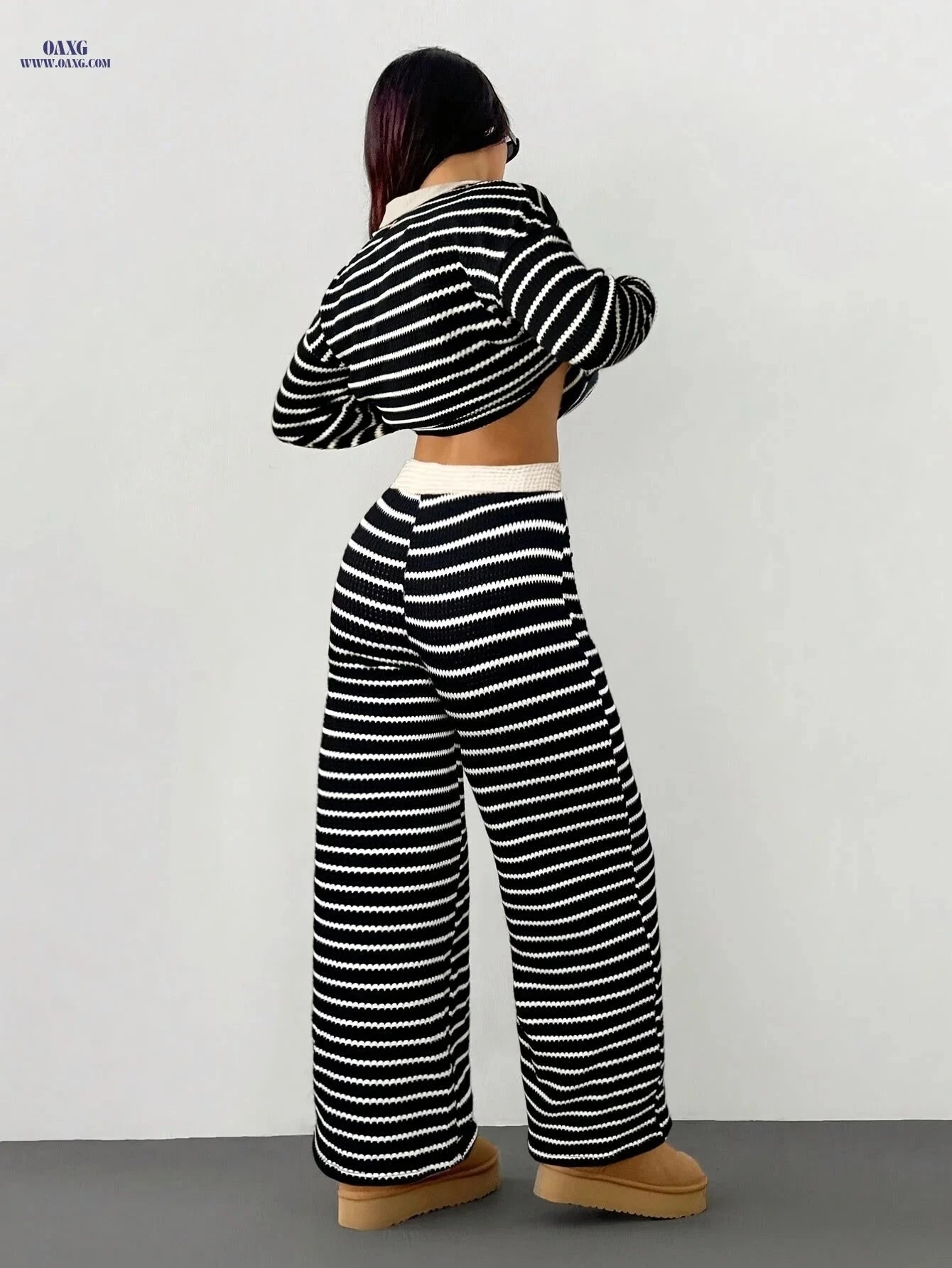YY0909001 Women's 2pcs Set - Striped V-Neck Tee & Elastic Pants   OAXG Black + Apricot / XS