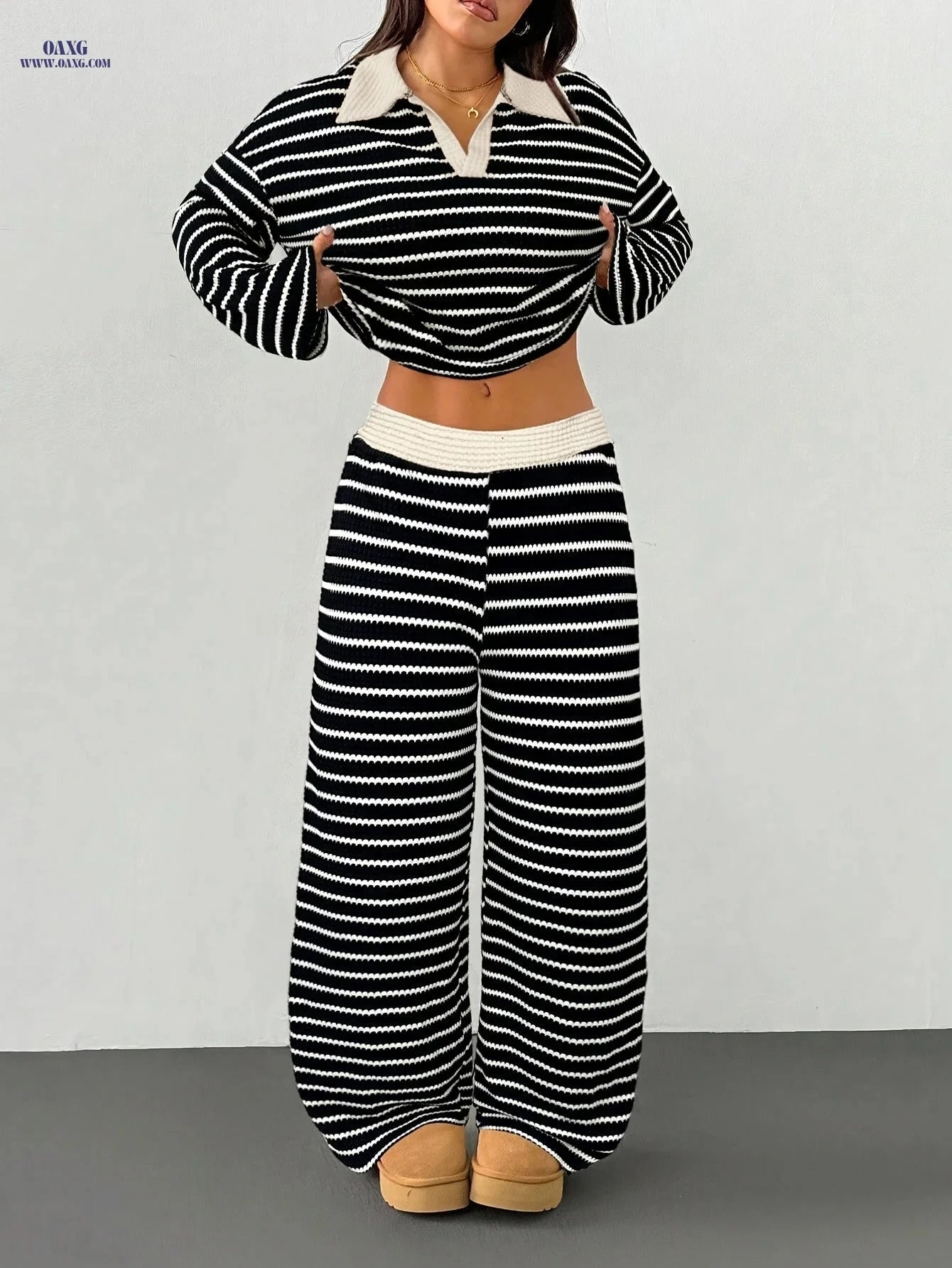 YY0909001 Women's 2pcs Set - Striped V-Neck Tee & Elastic Pants   OAXG Black + Apricot / XS