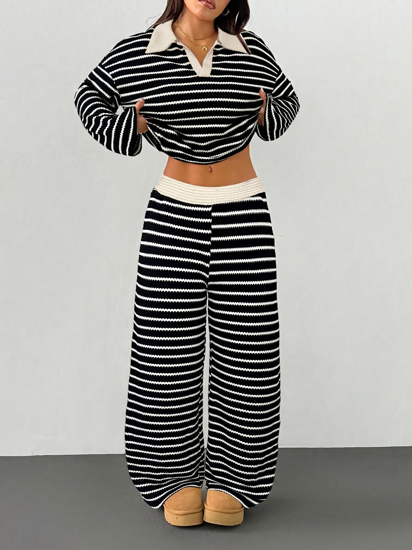 YY0909001 Women's 2pcs Set - Striped V-Neck Tee & Elastic Pants   OAXG Black + Apricot / XS