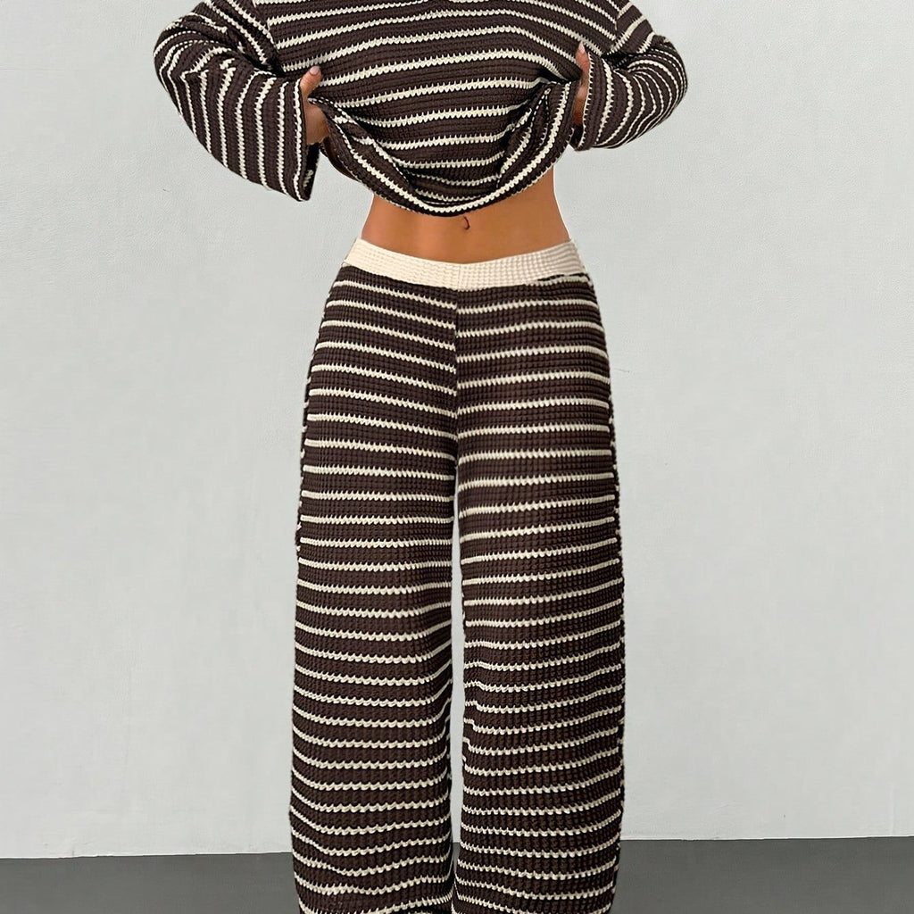 YY0909001 Women's 2pcs Set - Striped V-Neck Tee & Elastic Pants   OAXG Black + Apricot / XS