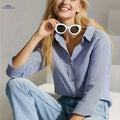 YY111047 Elegant Blue Striped Shirt for Women - Versatile Spring Style   OAXG Multicolor / S