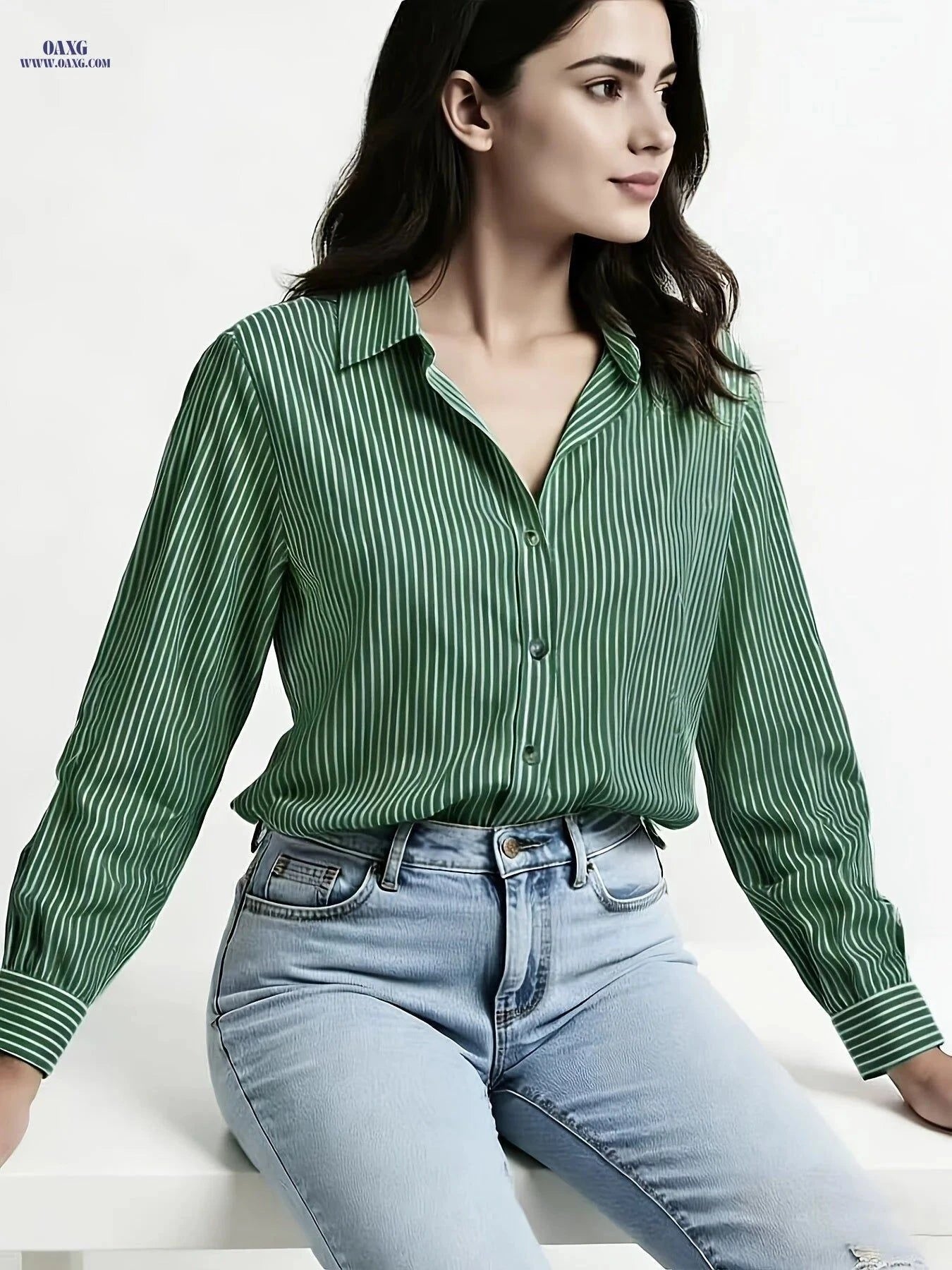 YY111047 Elegant Blue Striped Shirt for Women - Versatile Spring Style   OAXG Multicolor / S