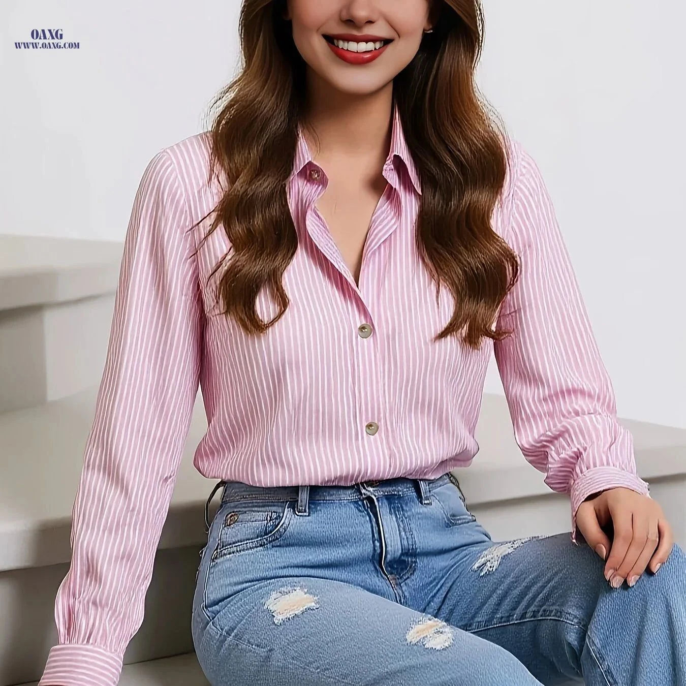 YY111047 Elegant Blue Striped Shirt for Women - Versatile Spring Style   OAXG Multicolor / S