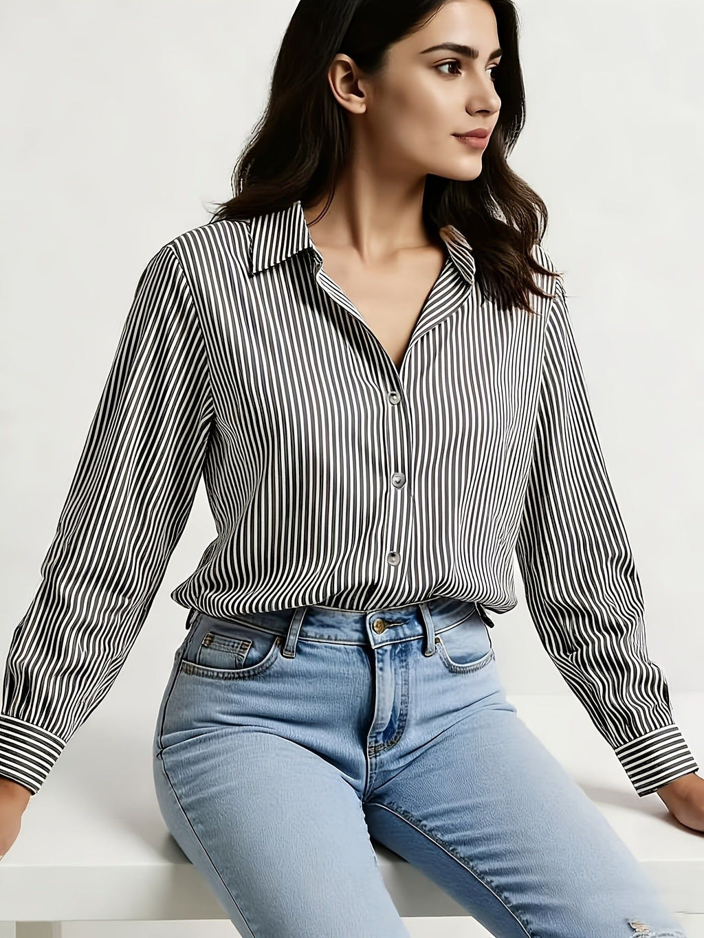 YY111047 Elegant Special Edition New Blue Striped Versatile Shirt for Women   OAXG Multicolor / S