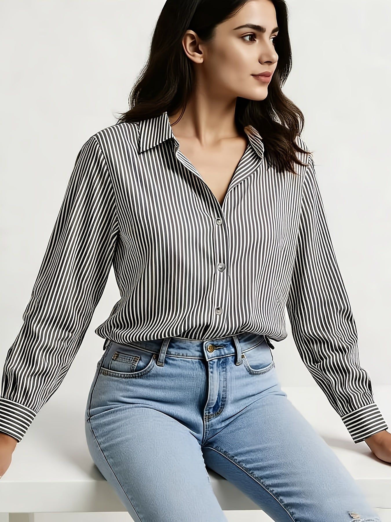 YY111047 Elegant Special Edition New Blue Striped Versatile Shirt for Women   OAXG Multicolor / S