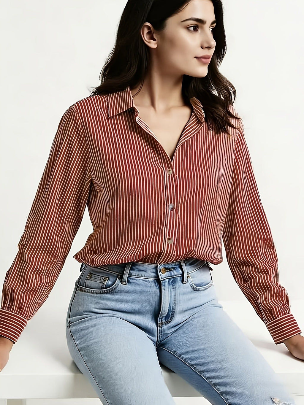 YY111047 Elegant Special Edition New Blue Striped Versatile Shirt for Women   OAXG Multicolor / S