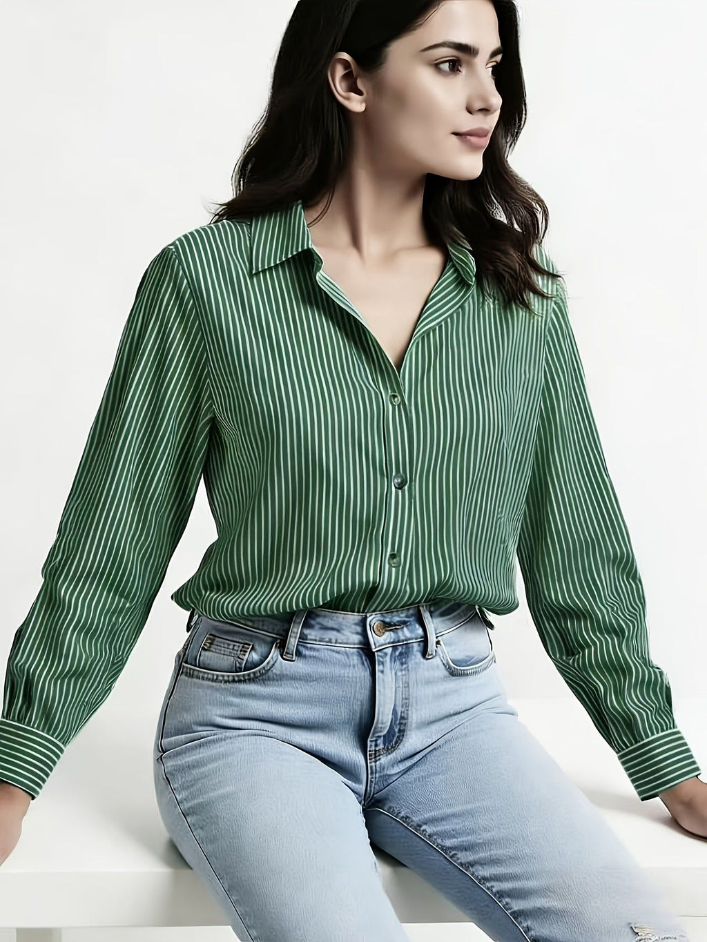 YY111047 Elegant Special Edition New Blue Striped Versatile Shirt for Women   OAXG Multicolor / S