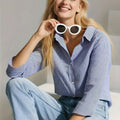 YY111047 Elegant Special Edition New Blue Striped Versatile Shirt for Women   OAXG Multicolor / S