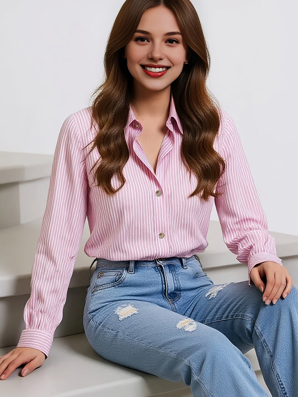 YY111047 Elegant Special Edition New Blue Striped Versatile Shirt for Women   OAXG Multicolor / S