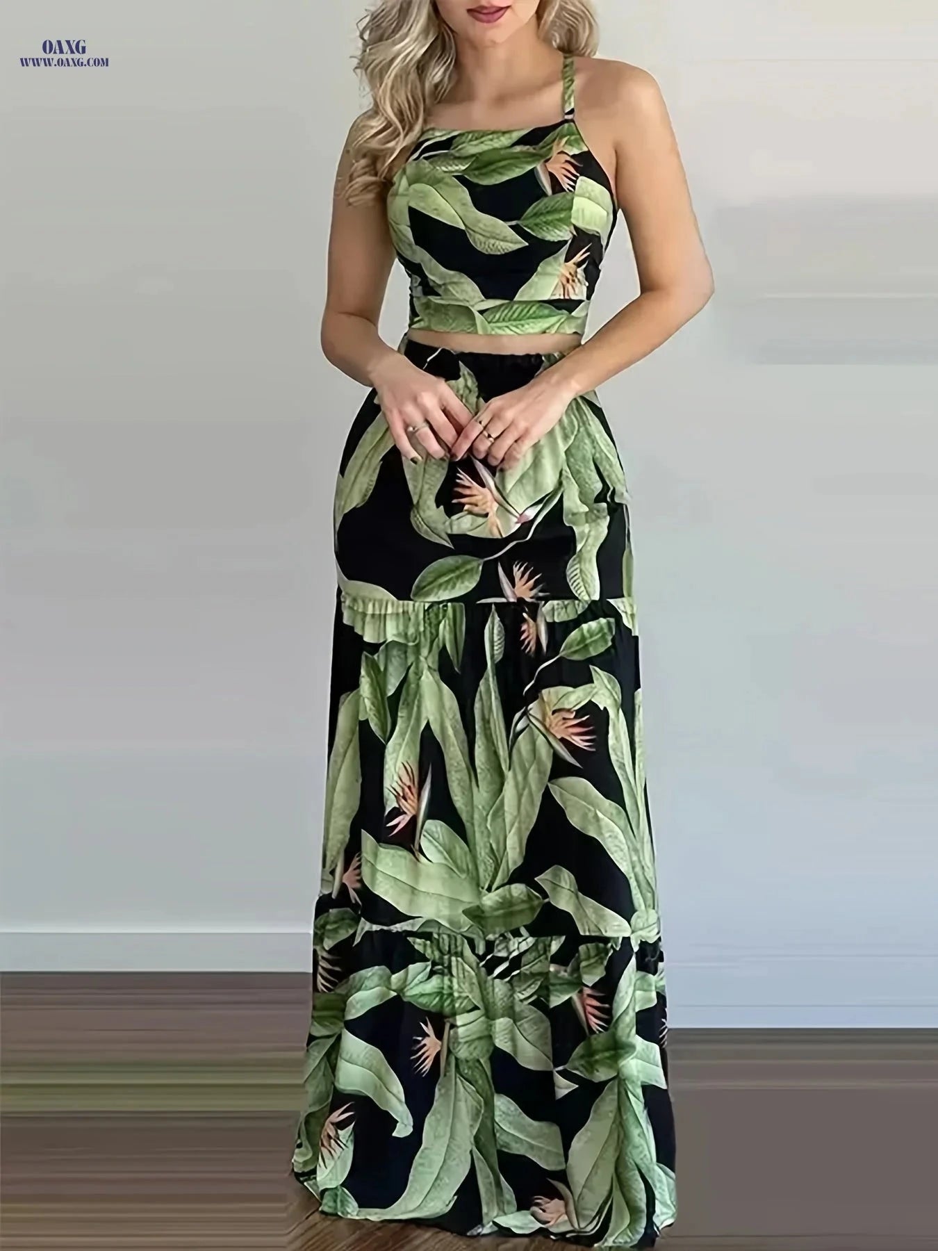YY260118132 Plant Print Women's Dress Set - High-Waisted A-Line Style   OAXG 