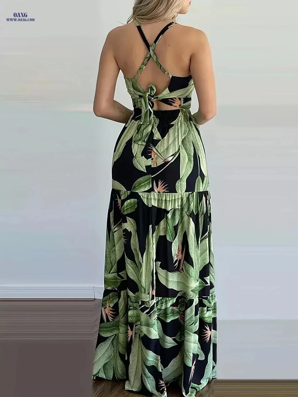 YY260118132 Plant Print Women's Dress Set - High-Waisted A-Line Style   OAXG Olive / S