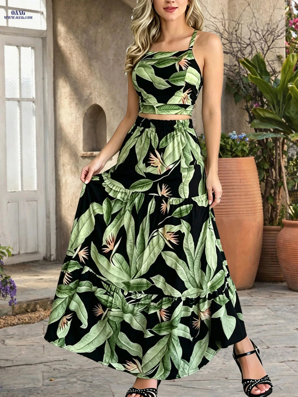 YY260118132 Plant Print Women's Dress Set - High-Waisted A-Line Style   OAXG Olive / S