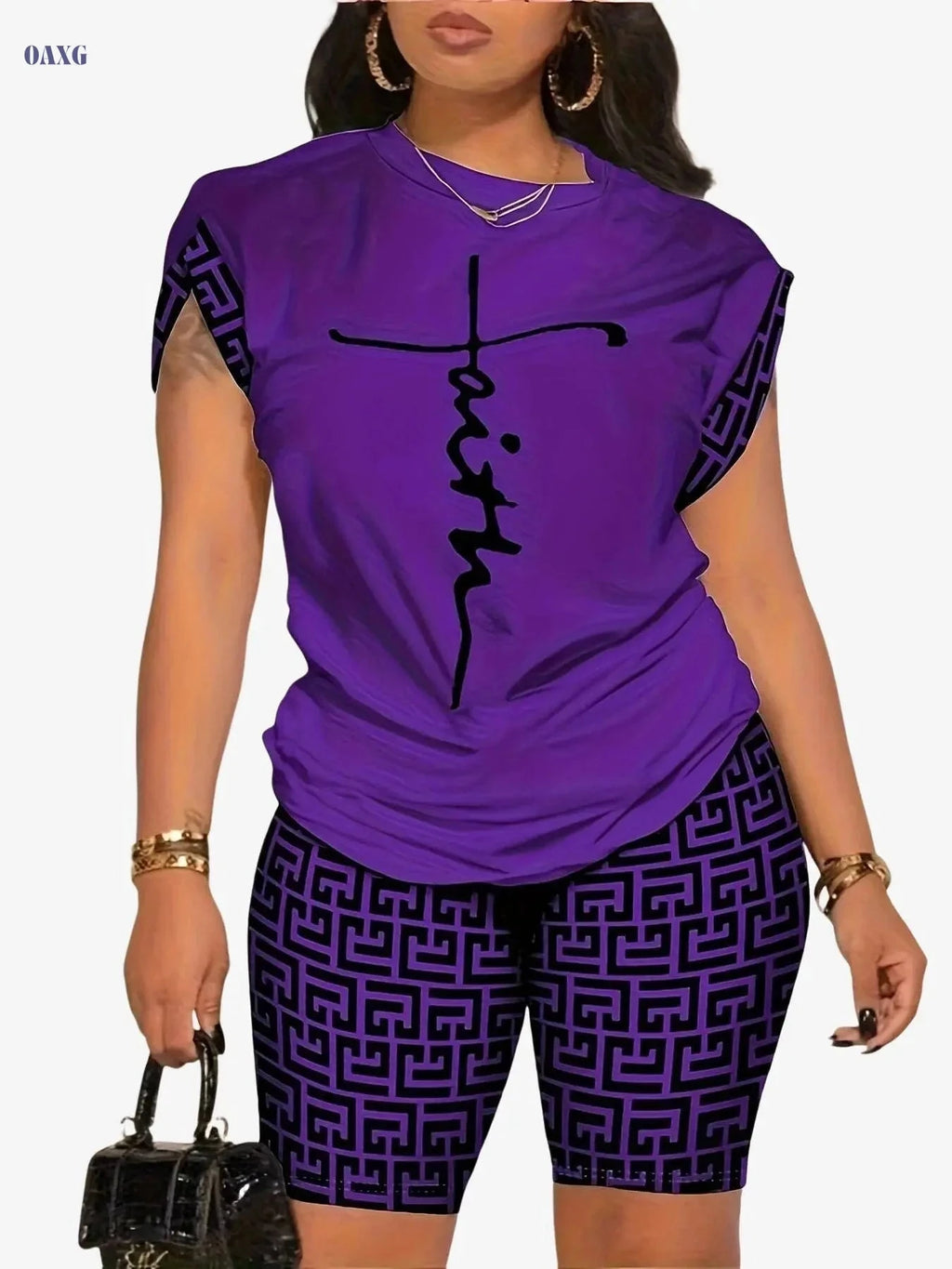 YZY013 Women's Geometric Print Top & Shorts Casual Ensemble   OAXG 
