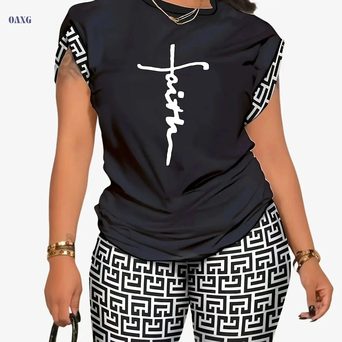 YZY013 Women's Geometric Print Top & Shorts Casual Ensemble   OAXG 