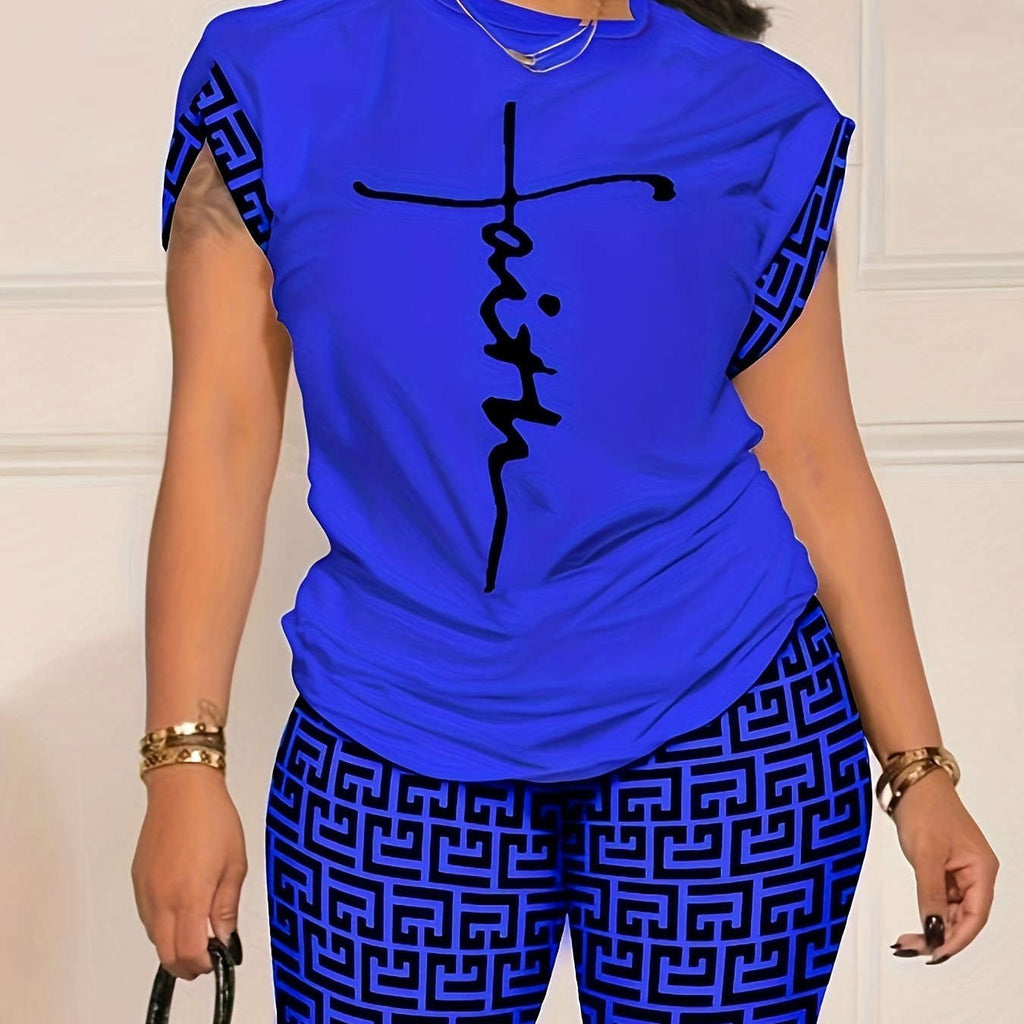 YZY013 Women's Geometric Print Top & Shorts Casual Ensemble   OAXG 
