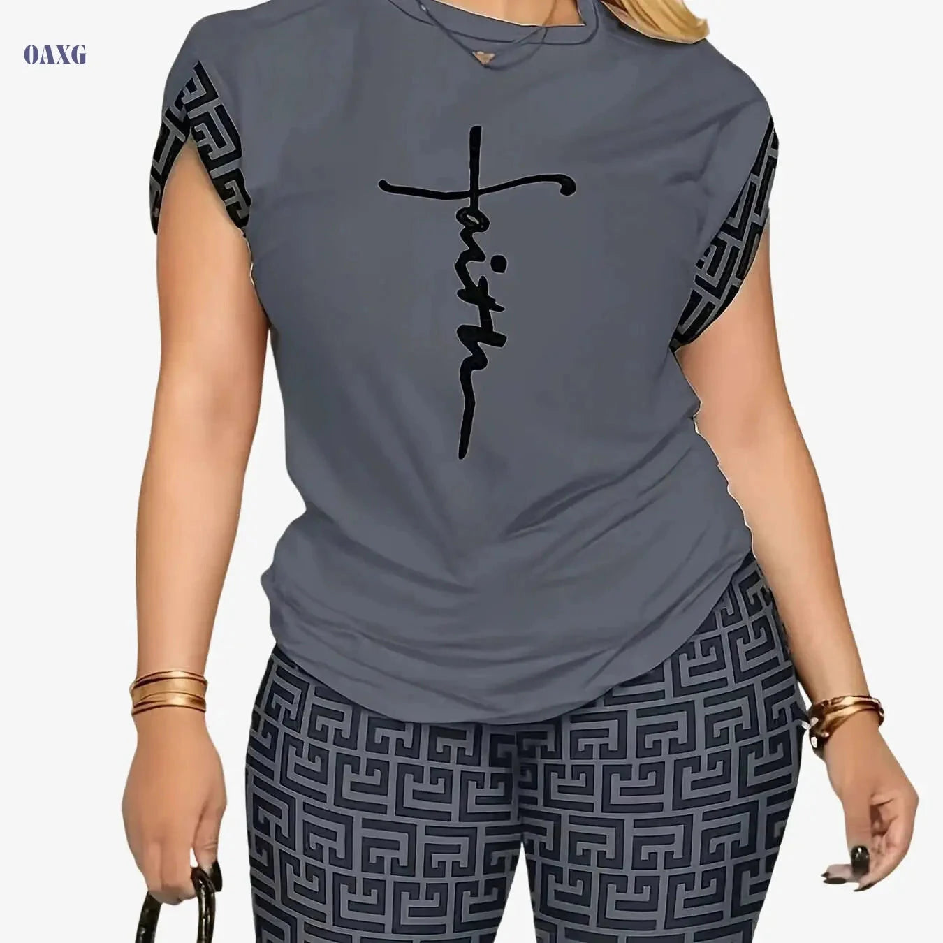 YZY013 Women's Geometric Print Top & Shorts Casual Ensemble   OAXG 
