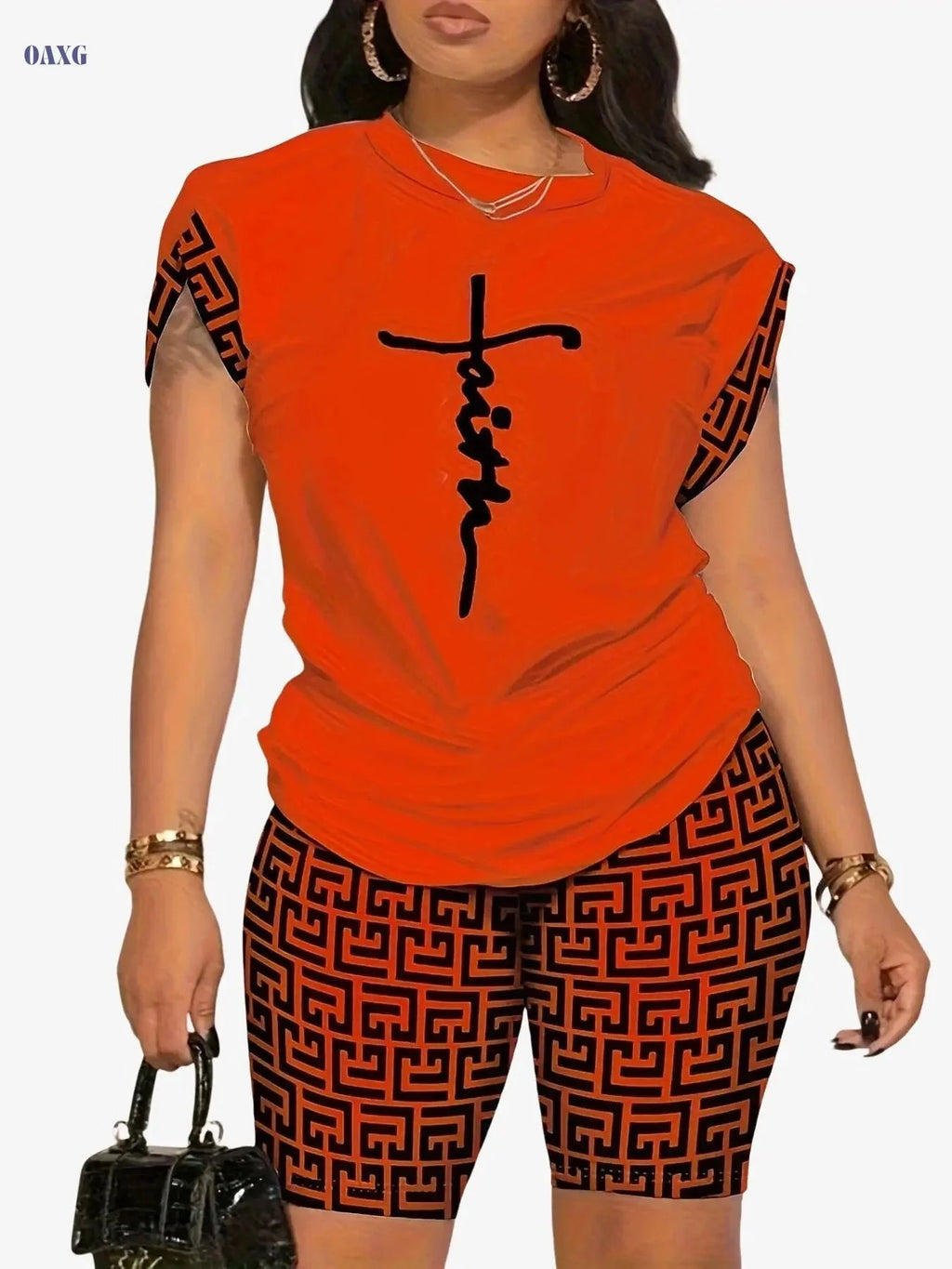 YZY013 Women's Geometric Print Top & Shorts Casual Ensemble   OAXG 
