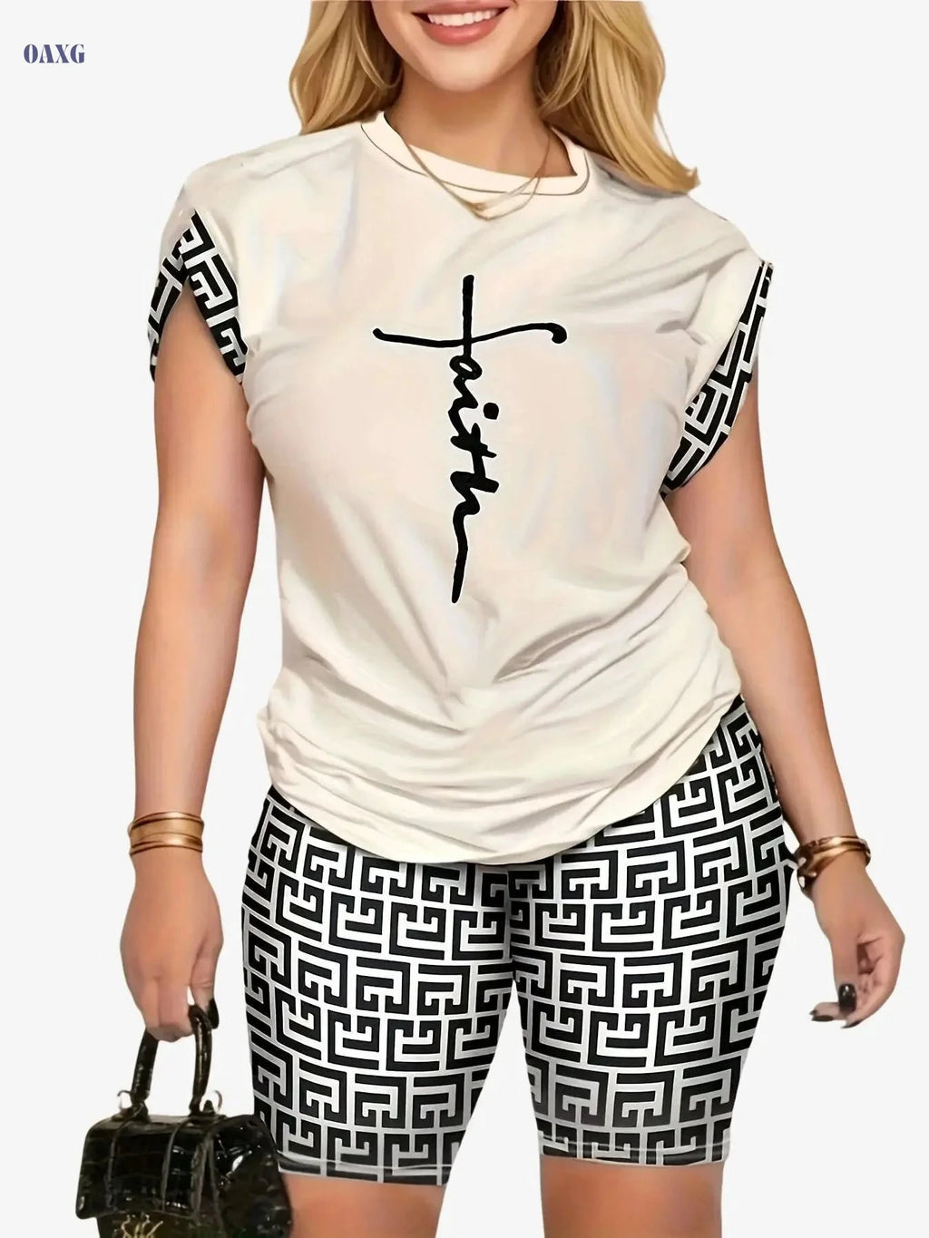 YZY013 Women's Geometric Print Top & Shorts Casual Ensemble   OAXG 