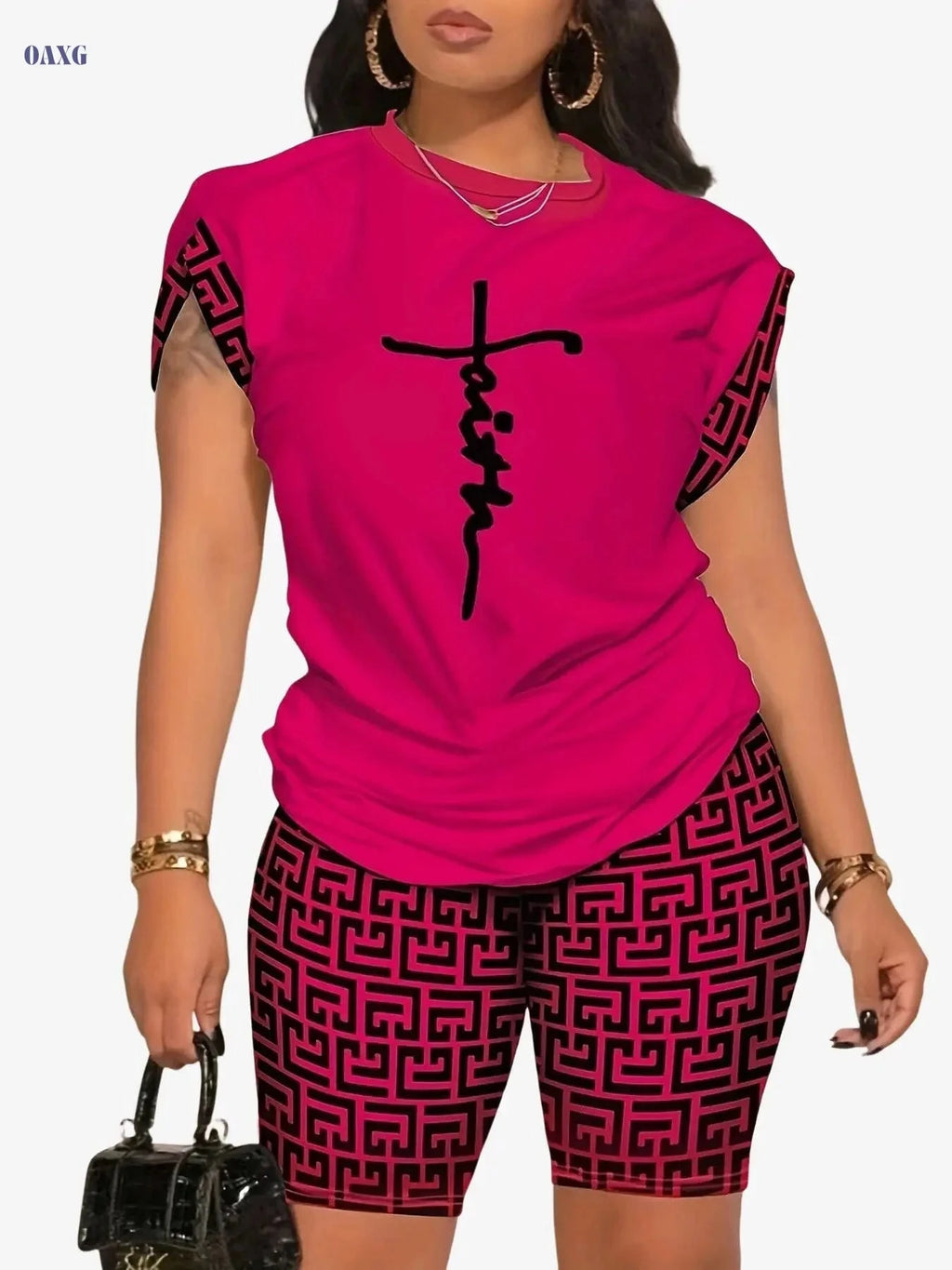 YZY013 Women's Geometric Print Top & Shorts Casual Ensemble   OAXG 
