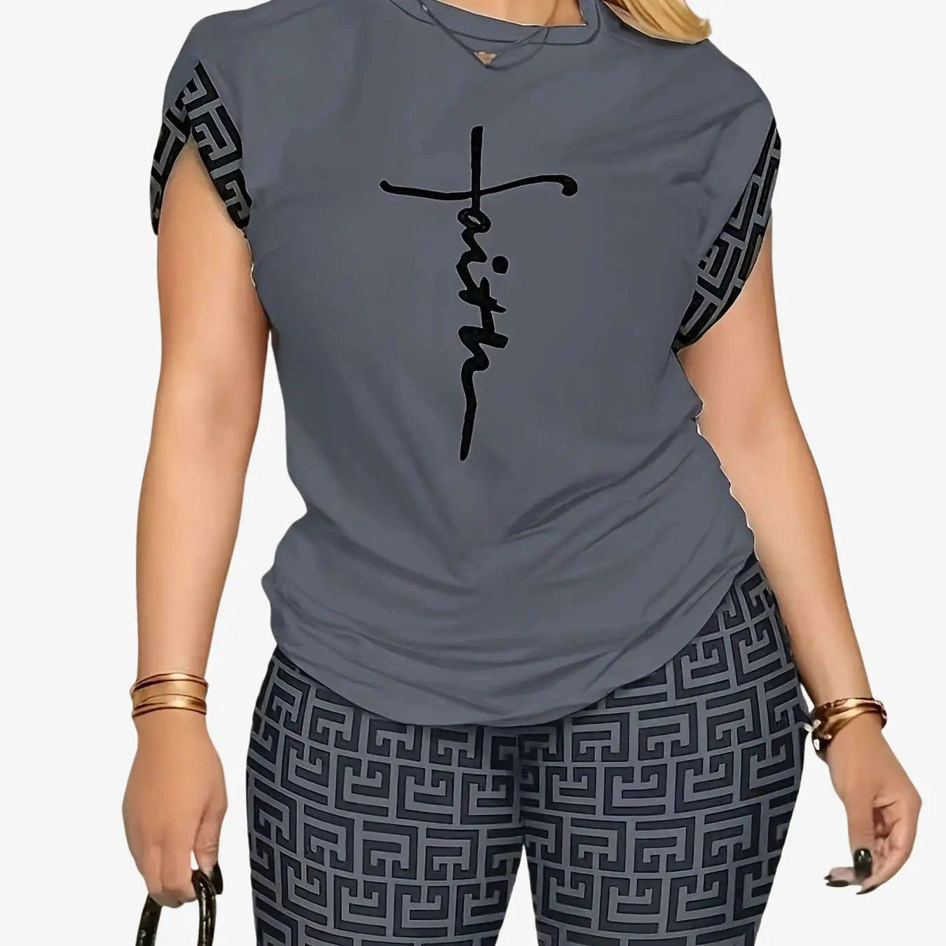 YZY013 Women's Geometric Print Top & Shorts Casual Ensemble   OAXG 