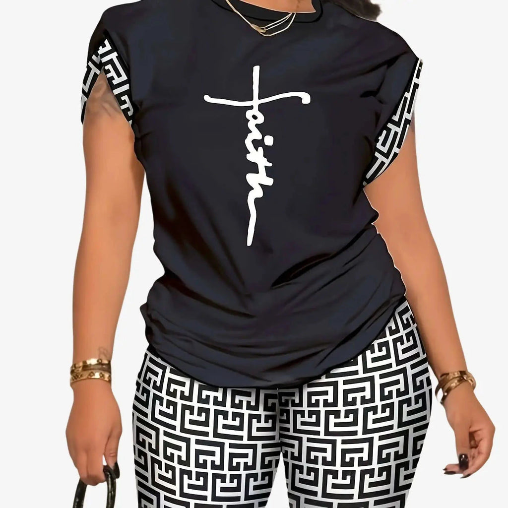 YZY013 Women's Geometric Print Top & Shorts Casual Ensemble   OAXG 