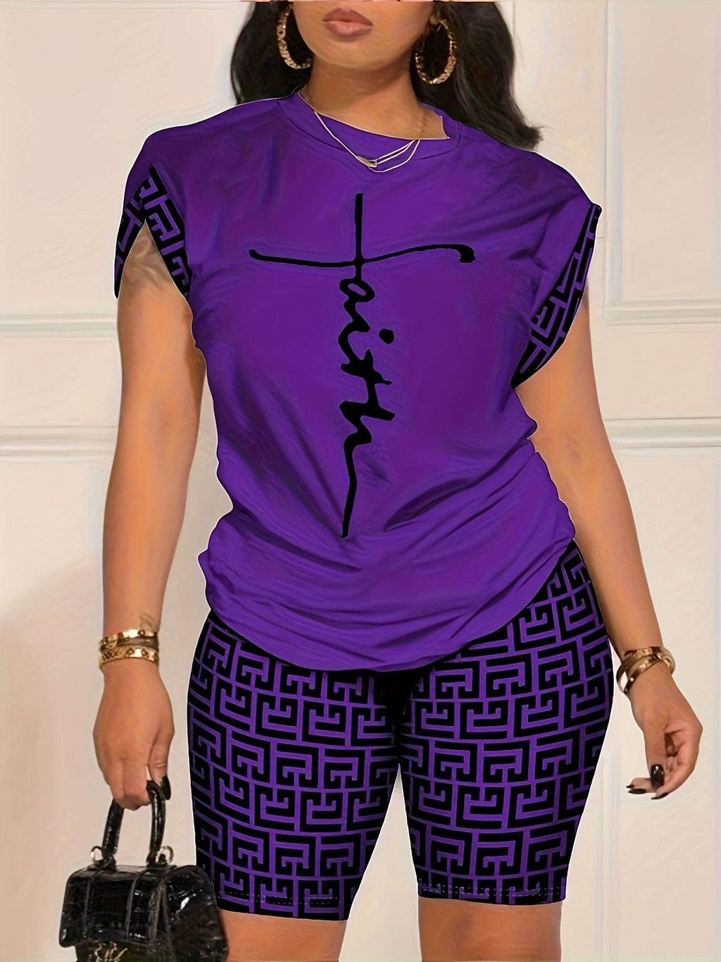 YZY013 Women's Geometric Print Top & Shorts Casual Ensemble   OAXG 