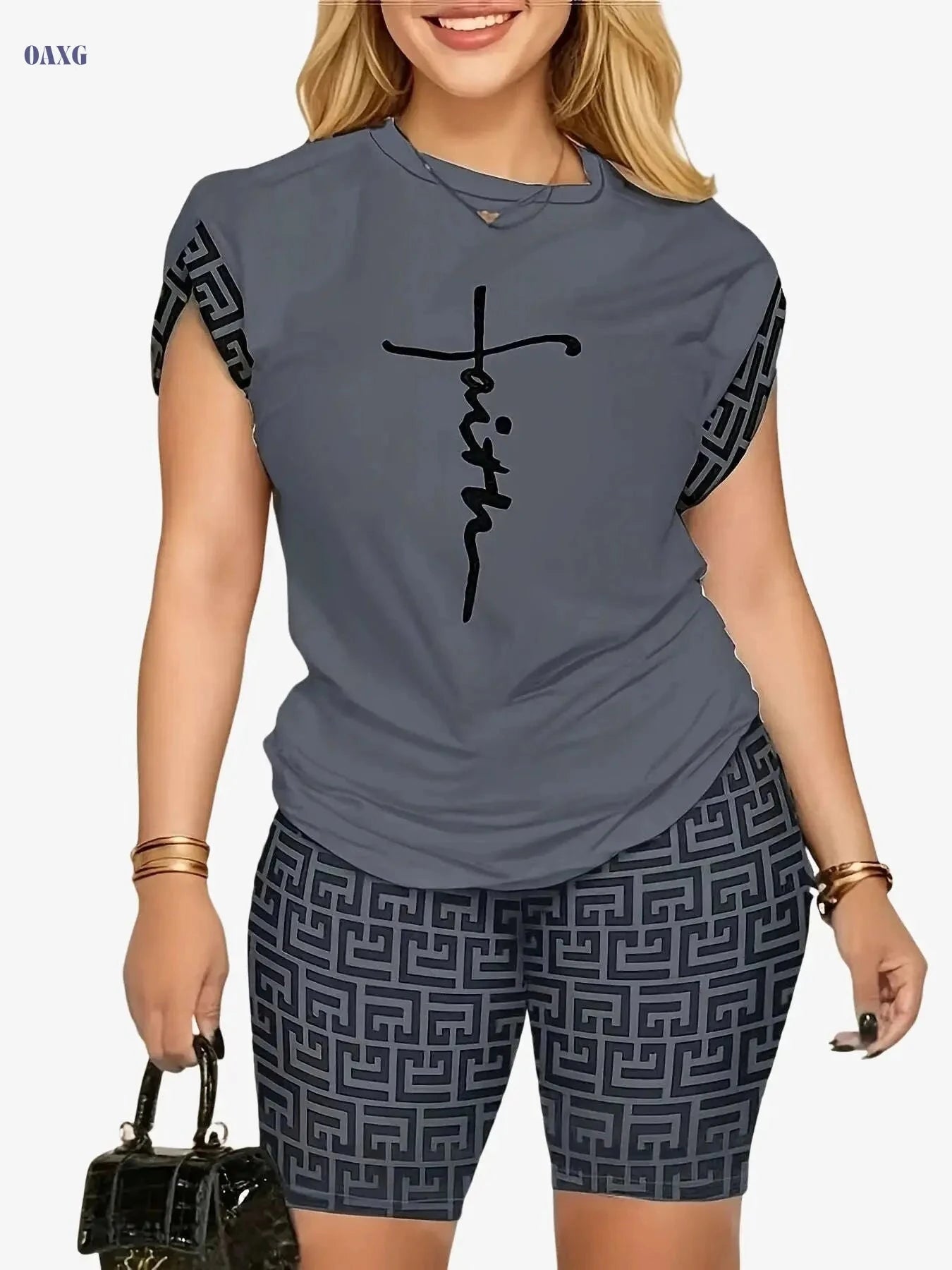 YZY013 Women's Geometric Print Top & Shorts Casual Ensemble   OAXG White / S