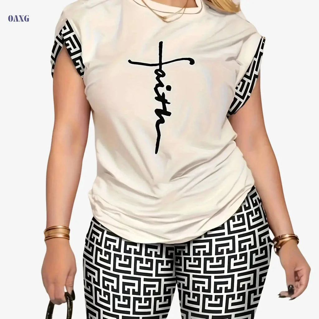 YZY013 Women's Geometric Print Top & Shorts Casual Ensemble   OAXG White / S