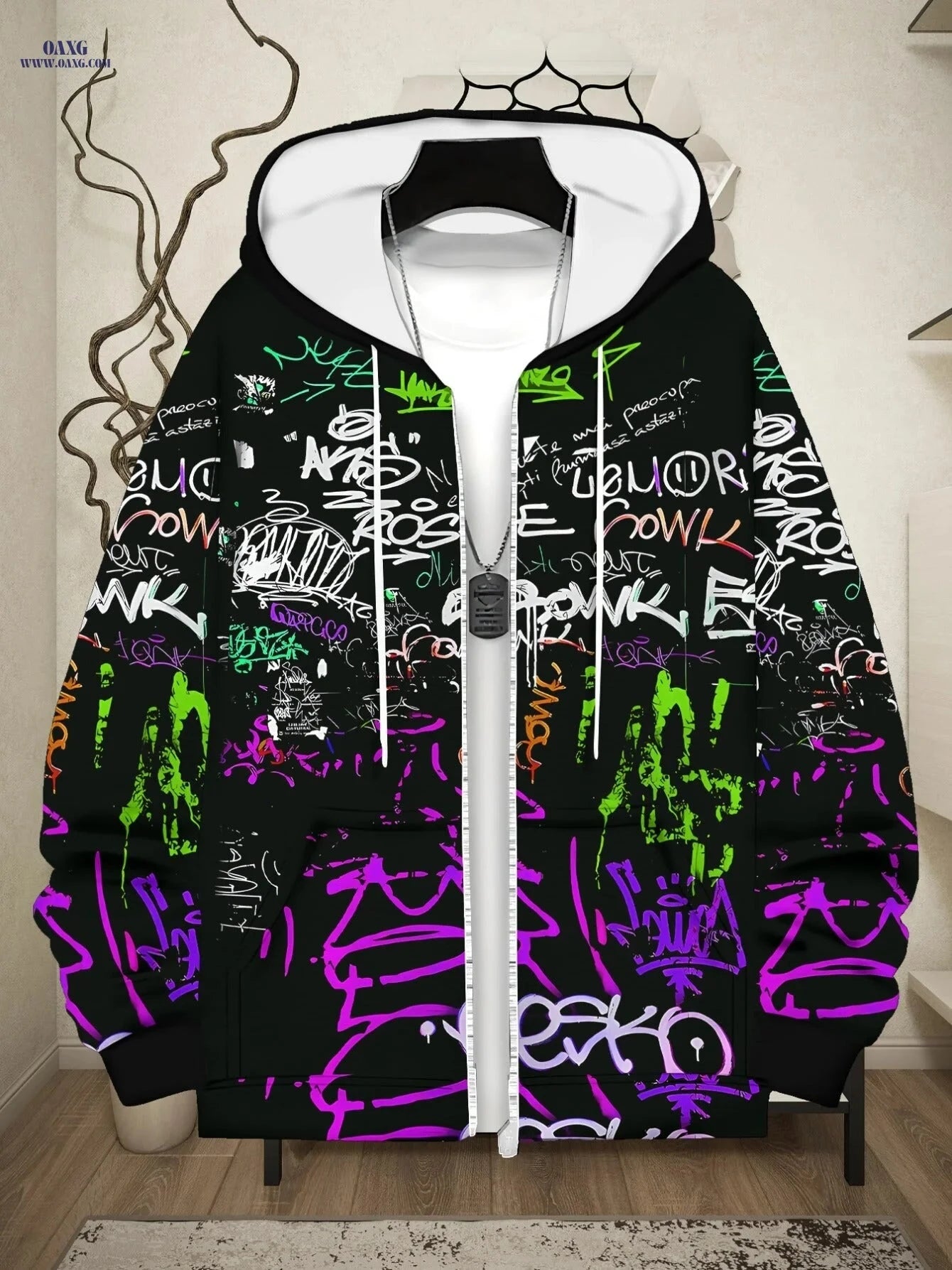 Zipper Hoodie for Men - Lightweight Polyester with Graffiti Print   OAXG 
