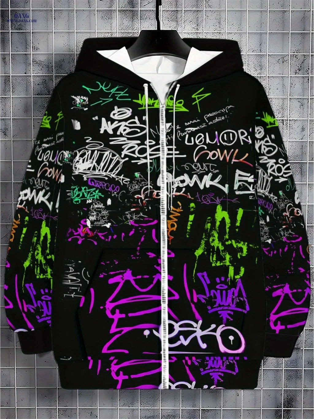 Zipper Hoodie for Men - Lightweight Polyester with Graffiti Print   OAXG 
